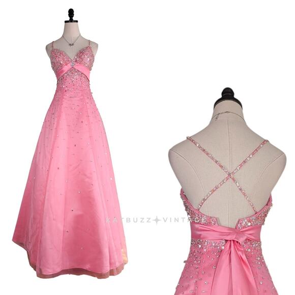 Y2K Prom Dress Maxi Gown 0 Pink Vtg Princess Bead Mesh Halter Ball Glam Sequin - Picture 1 of 11
